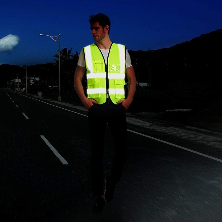 High Visibility Reflective Safety Vest Zipper Front with 5 Pockets Yel