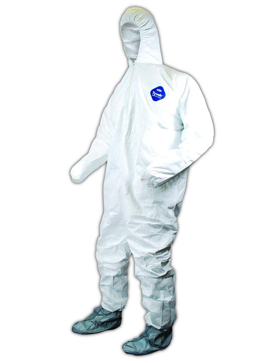 Tyvek Coverall with Hood and Boots, Disposable, Elastic Cuff, White, Pack of 25