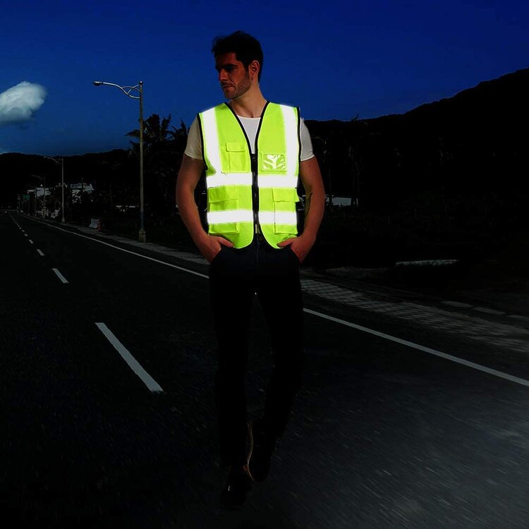 High Visibility Reflective Safety Vest Zipper Front with 5 Pockets Yellow/Orange Safety Vest for Men Women