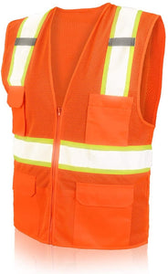 High Visibility Reflective Safety Vest Zipper Front with 5 Pockets Yellow/Orange Safety Vest for Men Women
